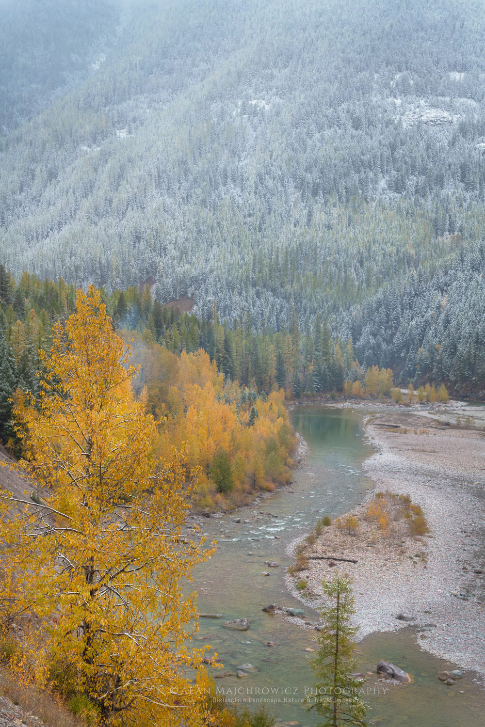 Autumn snow along the Middle Fork Flathead River. Glacier National Park, Montana