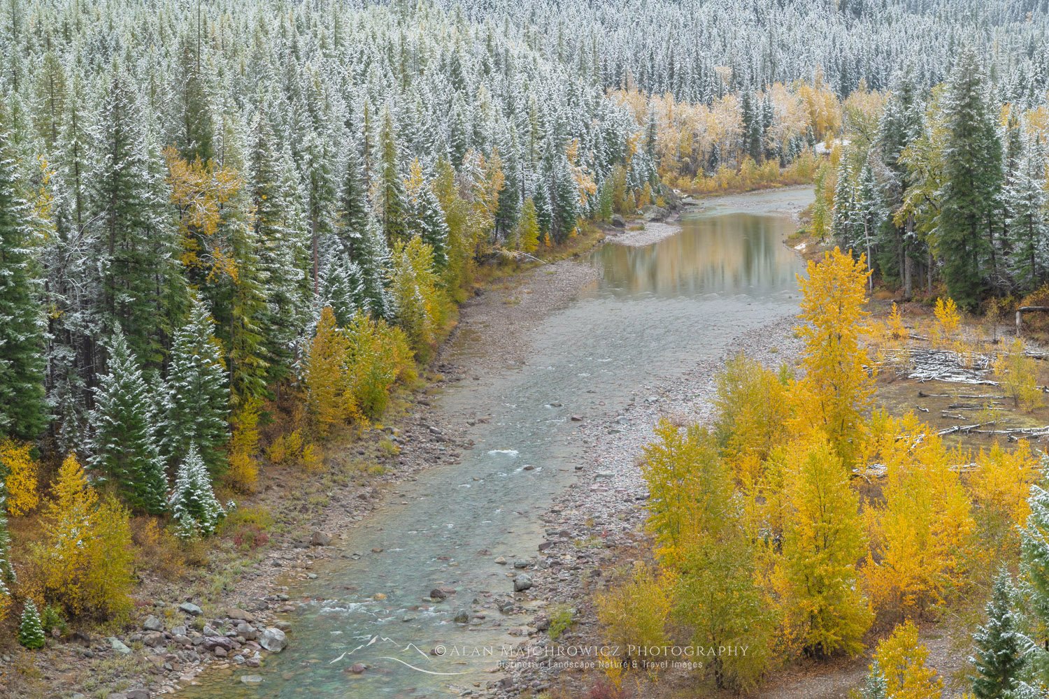 Autumn snow along the Middle Fork Flathead River. Glacier National Park, Montana
