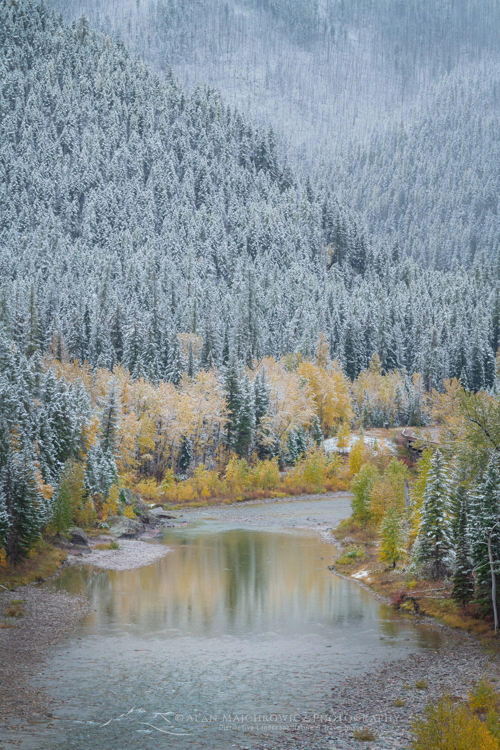 Autumn snow along the Middle Fork Flathead River. Glacier National Park, Montana