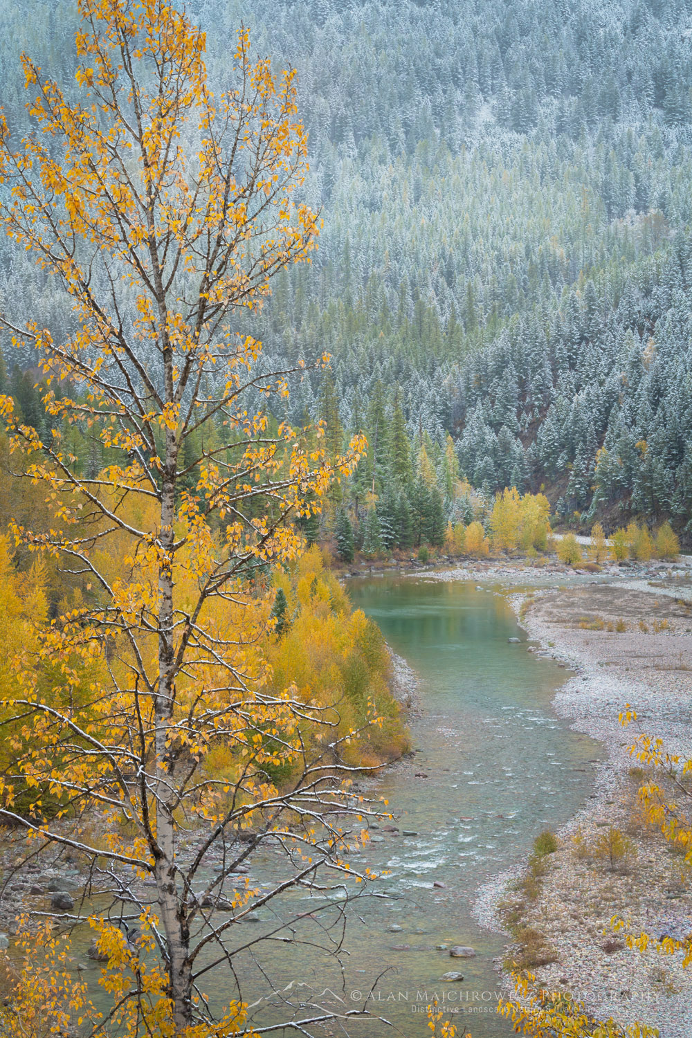 Autumn snow along the Middle Fork Flathead River. Glacier National Park, Montana