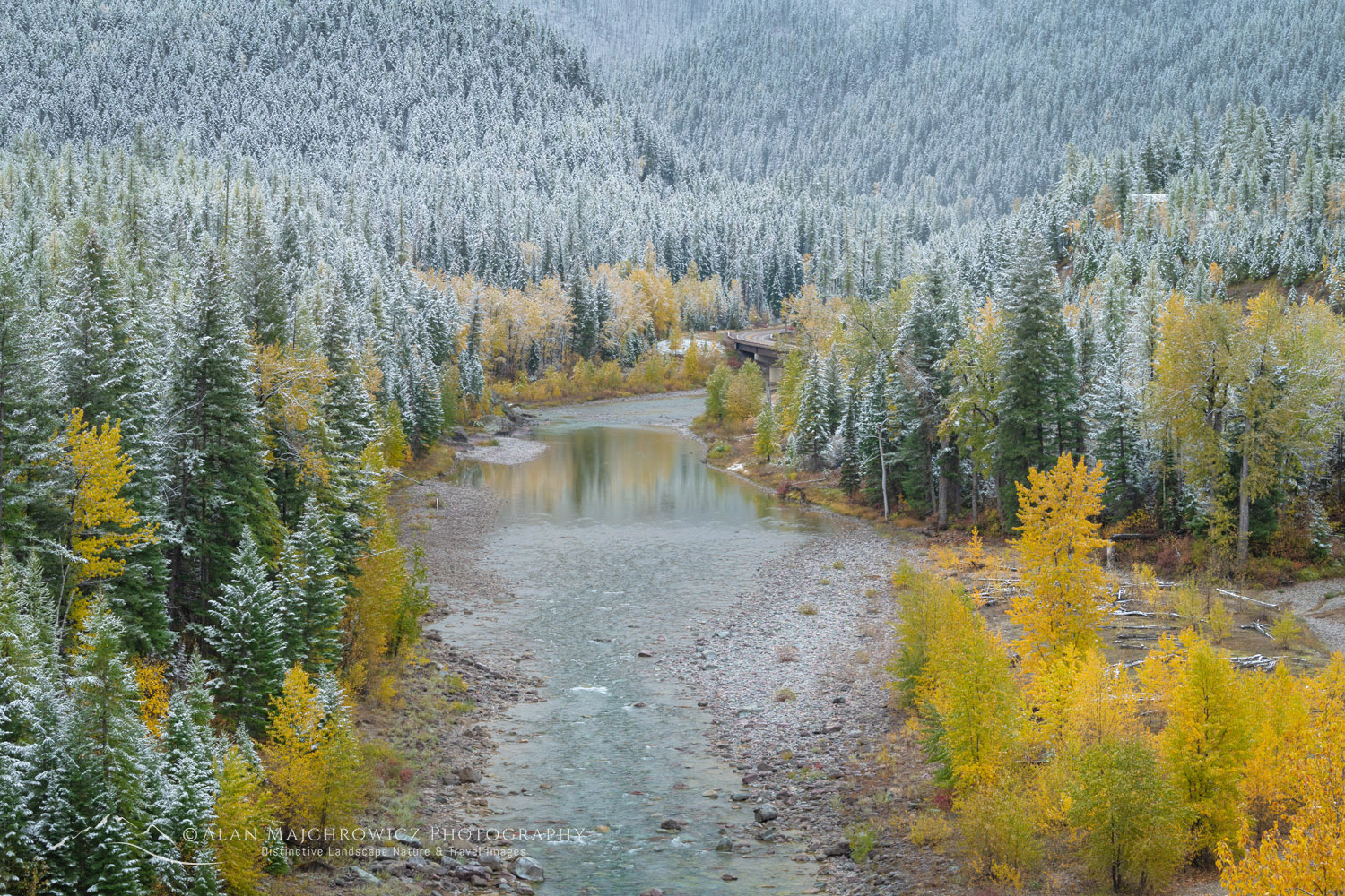 Autumn snow along the Middle Fork Flathead River. Glacier National Park, Montana