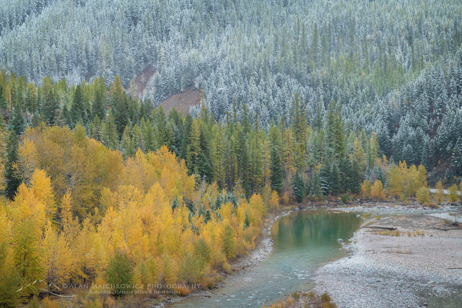 Autumn snow along the Middle Fork Flathead River. Glacier National Park, Montana
