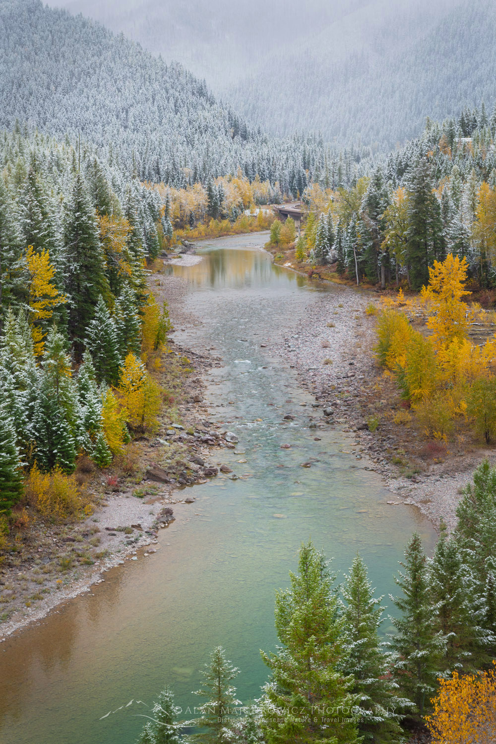 Autumn snow along the Middle Fork Flathead River. Glacier National Park, Montana