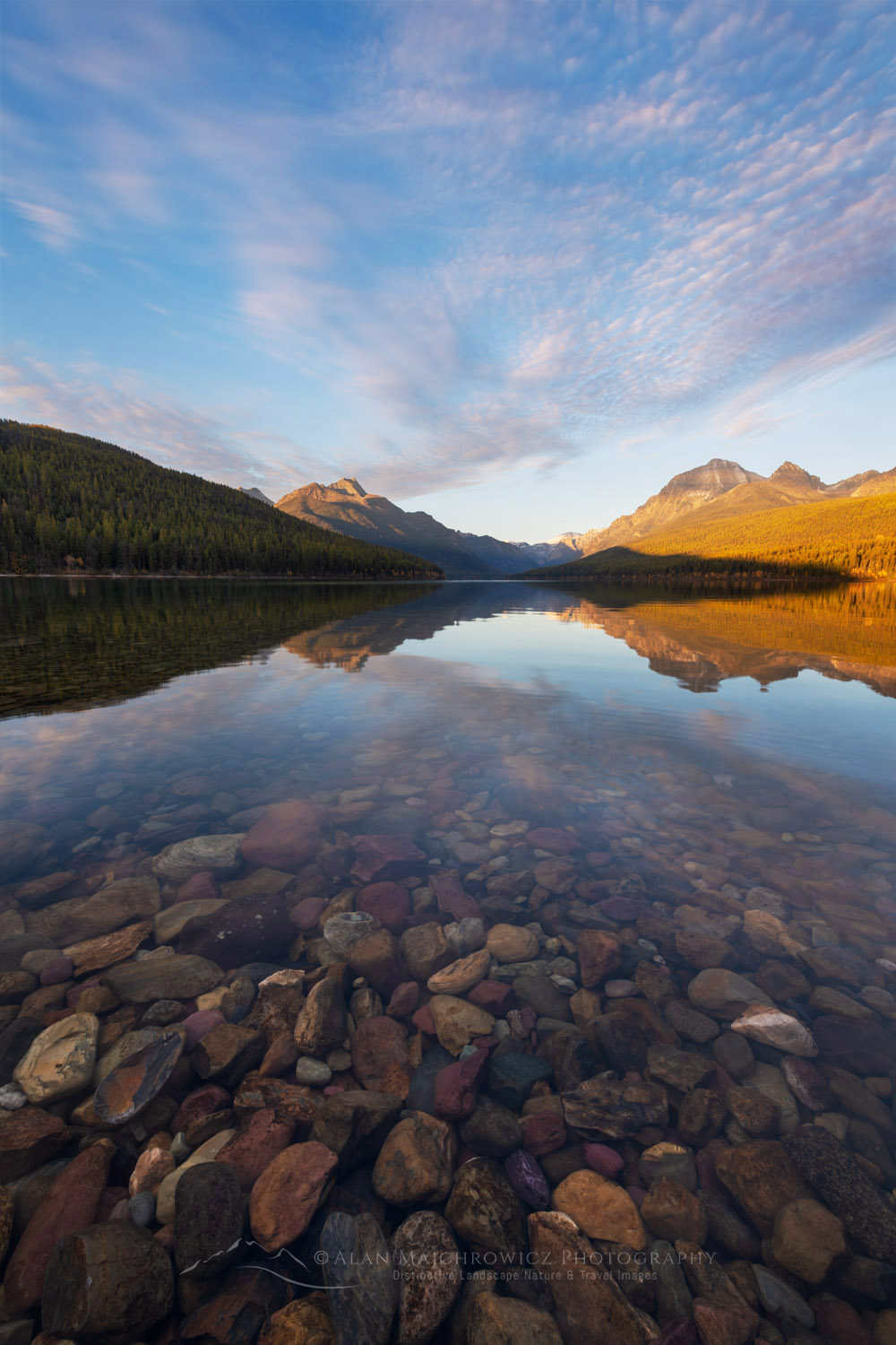 Bowman Lake, Numa Peak (L) and Rainbow Peak in the distance. Glacier National Park Montana