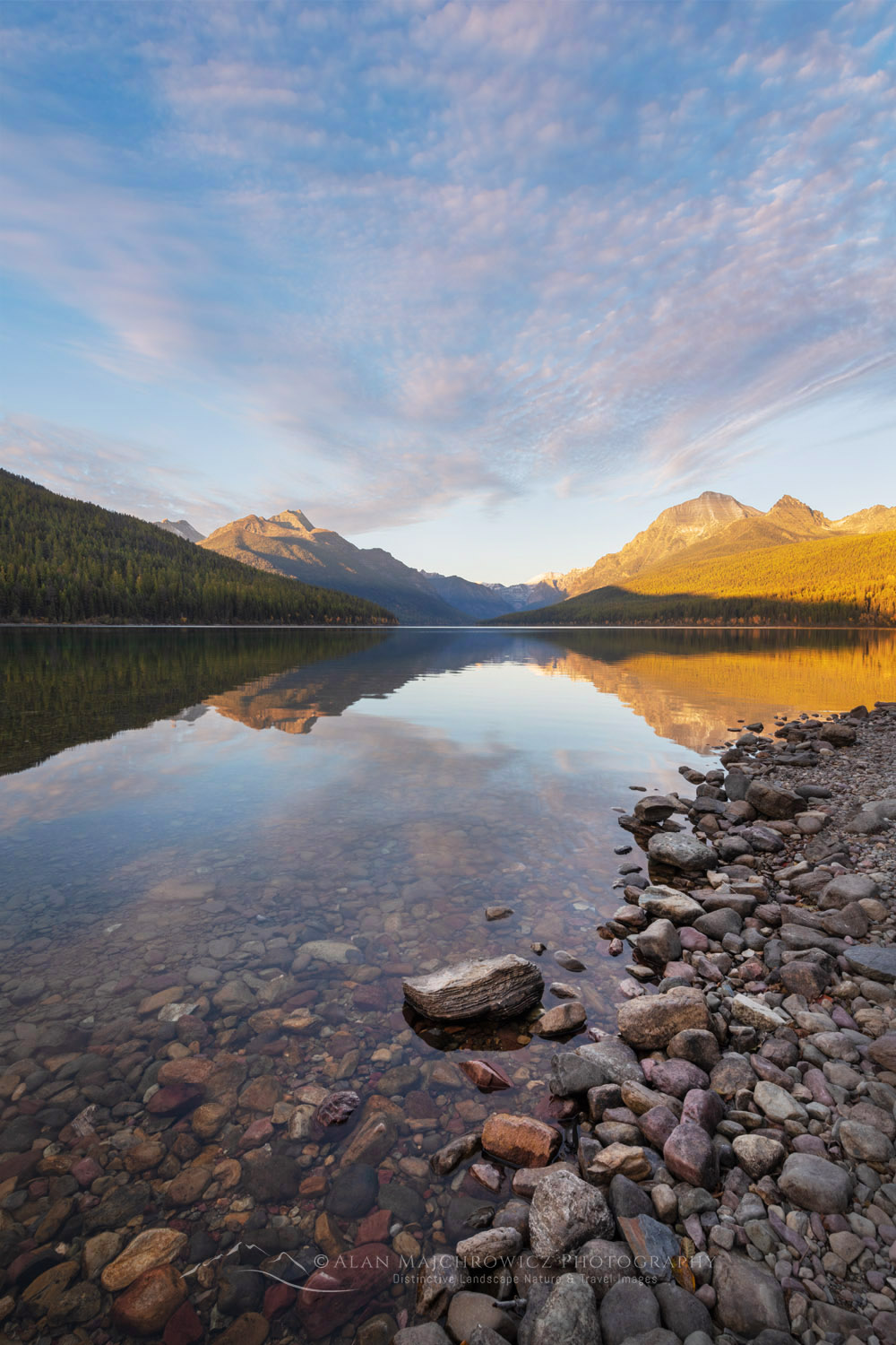 Bowman Lake, Numa Peak (L) and Rainbow Peak in the distance. Glacier National Park Montana