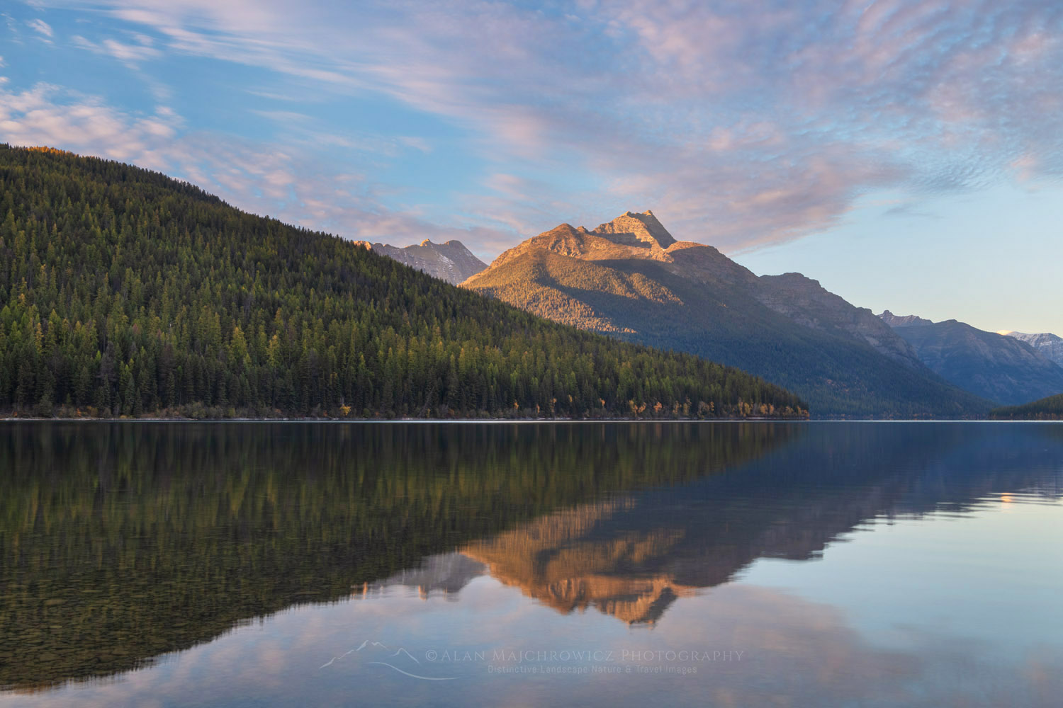 Bowman Lake, Numa Peak (L) and Rainbow Peak in the distance. Glacier National Park Montana