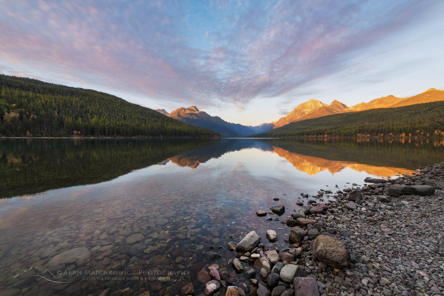 Bowman Lake, Numa Peak (L) and Rainbow Peak in the distance. Glacier National Park Montana