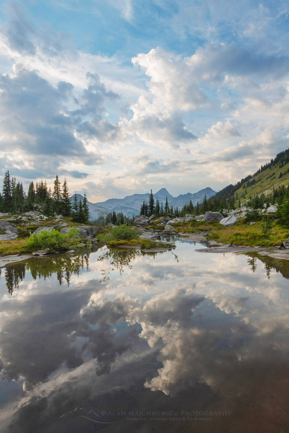 Dramatic clouds reflected in a stream in the alpine basin of Mount Rohr. Coast Range, British Columbia