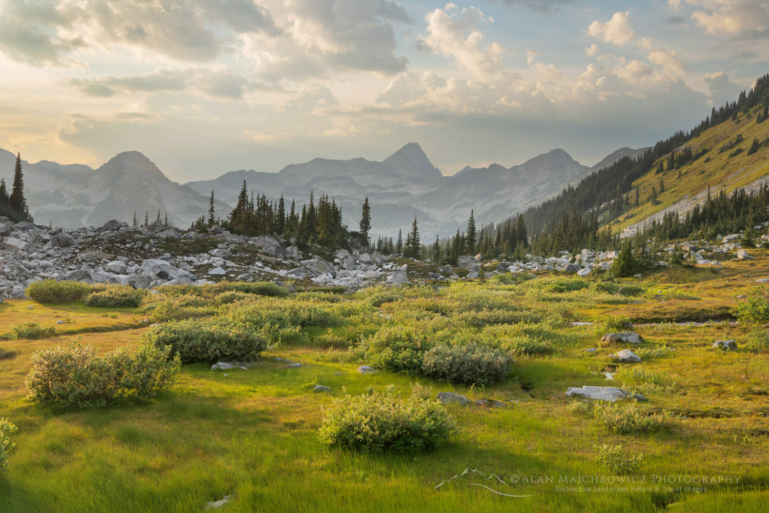 Dramatic clouds over alpine meadows below Mount Rohr. Coast Range, British Columbia