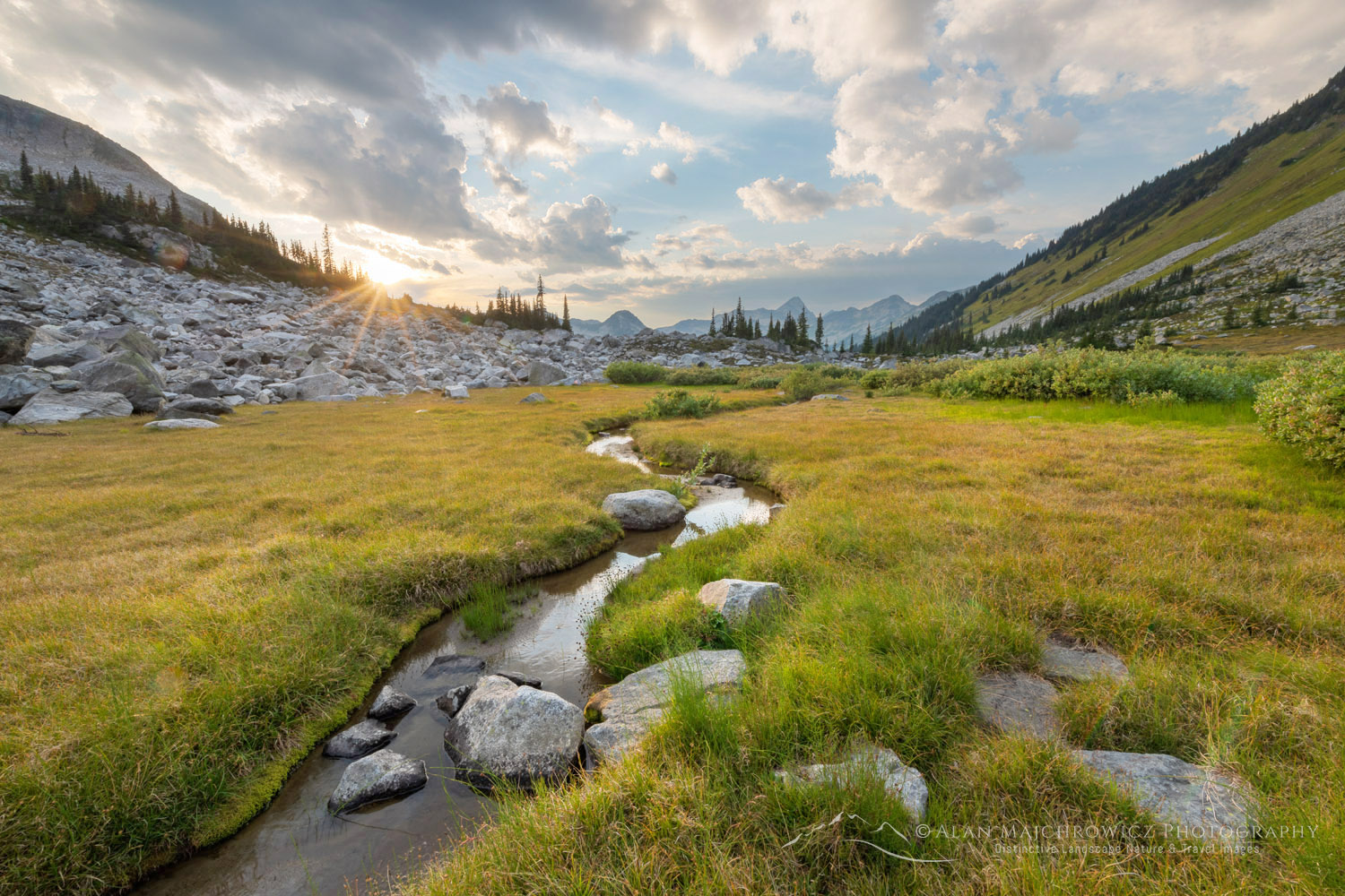 Dramatic clouds over alpine meadows below Mount Rohr. Coast Range, British Columbia