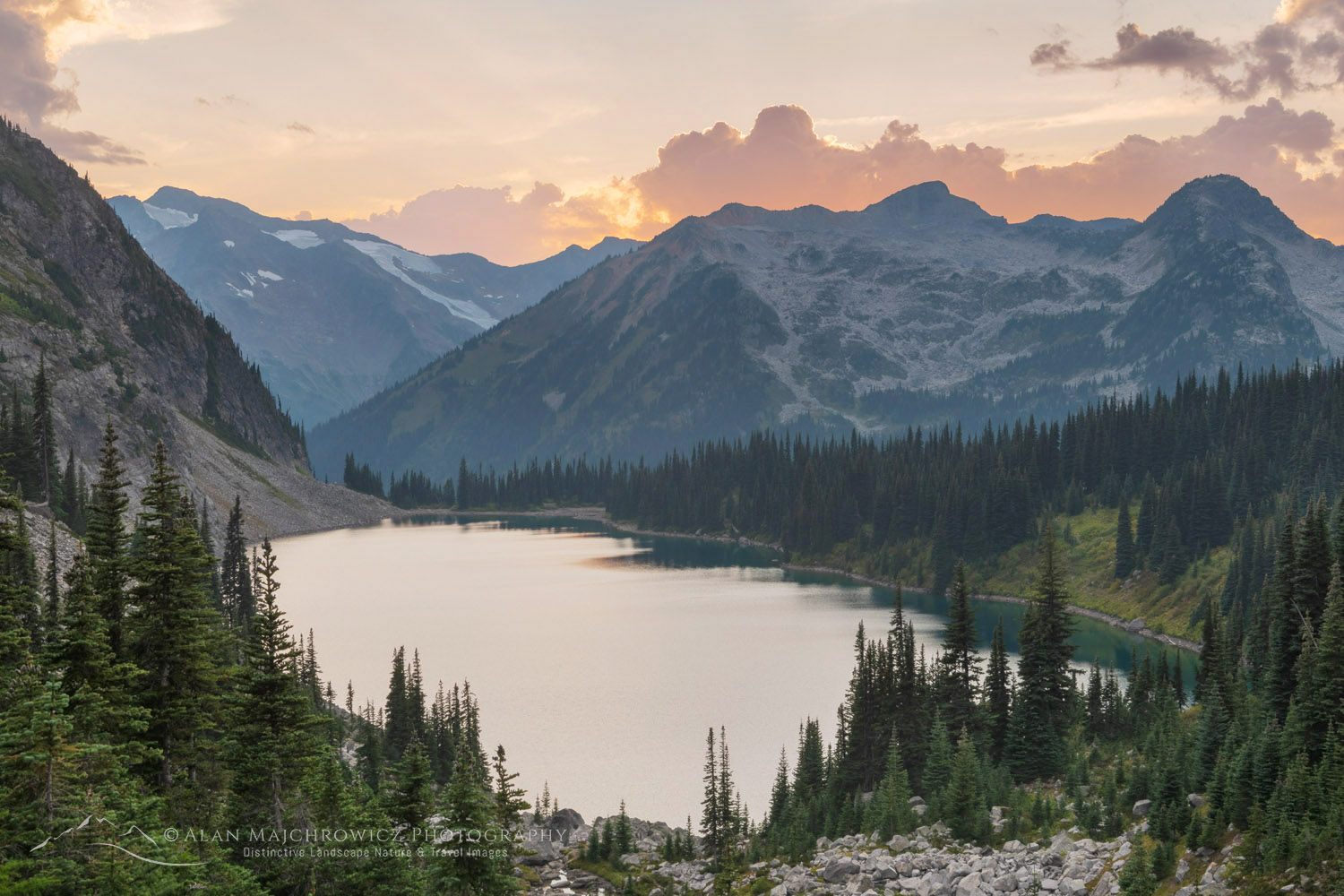 Sunset clouds over Rohr Lake, Coast Range British Columbia