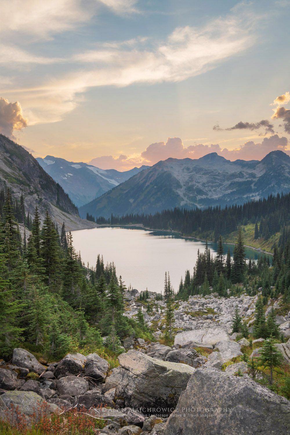 Sunset clouds over Rohr Lake, Coast Range British Columbia