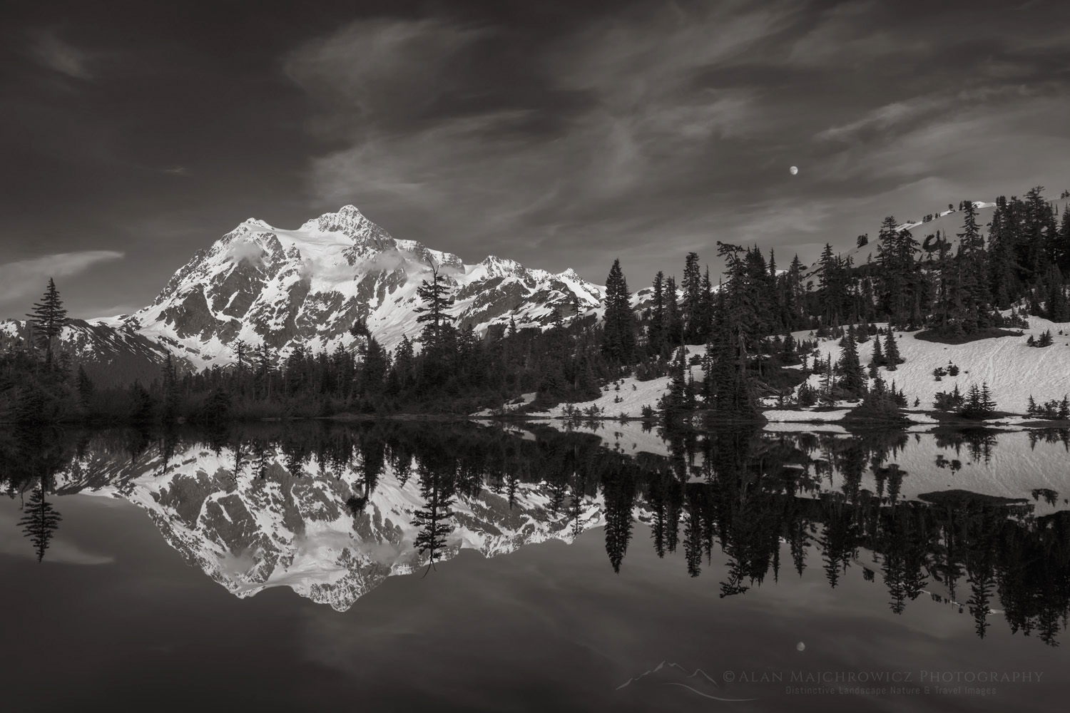Mount Shuksan reflected in Picture Lake. Heather Meadows Recreation Area, North Cascades, Washington #83419bw