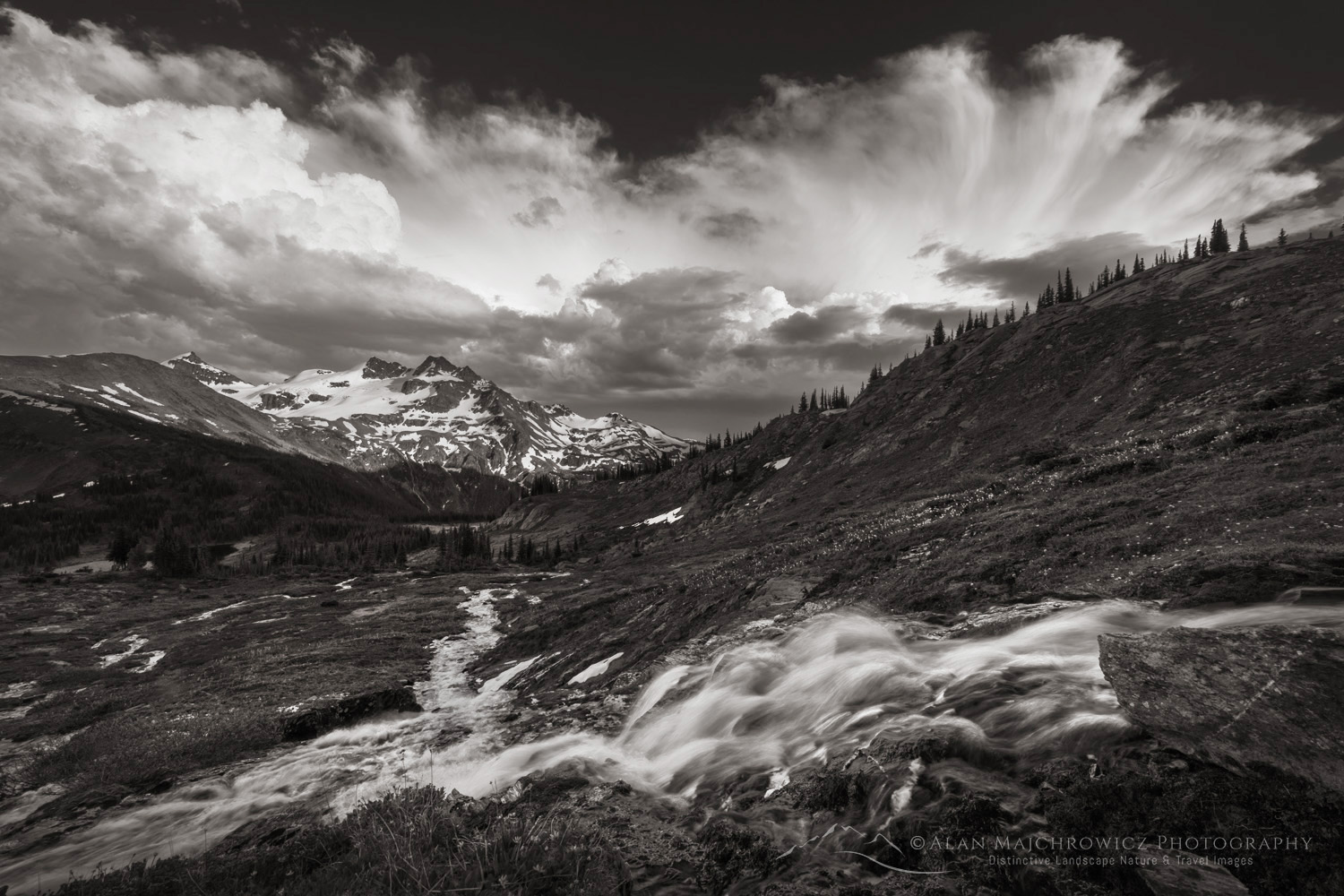 Evening storm clouds over Twin Towers, Cony Peak, and Spillimacheen Glacier. Seen from Silent Mountain. Purcell Mountains, British Columbia #86274bw