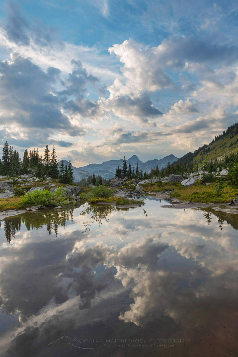 Dramatic clouds reflected in a stream in the alpine basin of Mount Rohr. Coast Range British Columbia #87122