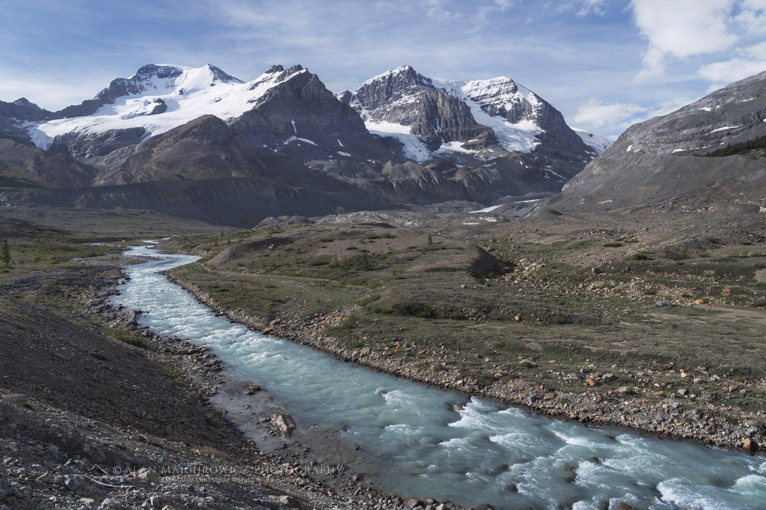 Athabasca River, Mount Athabasca, and Mount Andromeda. Seen from Icefields Parkway. Jasper National Park, Alberta, Canada #86663