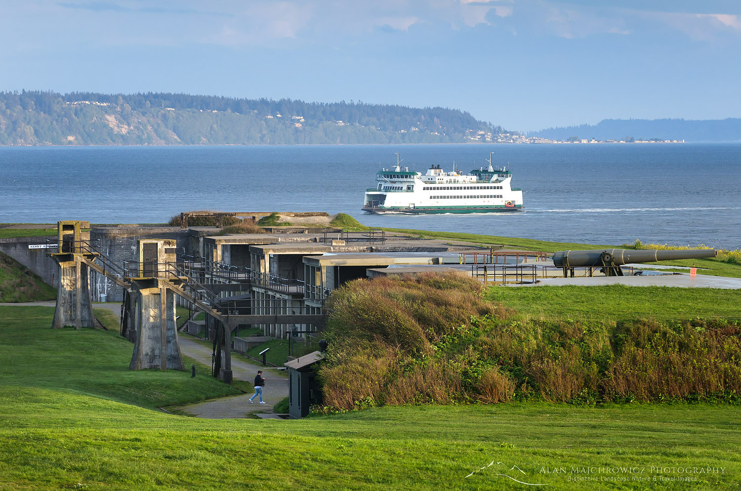Washington State Ferry crossing Admiralty Inlet on the Keystone to Port Townsend run. Gun batteries of Fort Casey State Park are in the foreground. #62178b