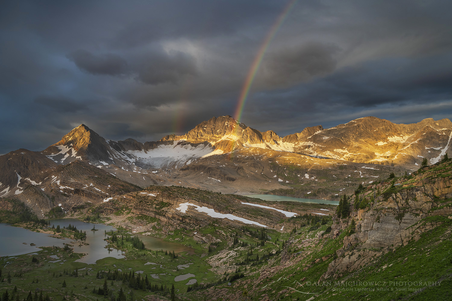 Sunrise rainbow over Limestone Lakes Basin. Height of the Rockies Provincial Park British Columbia Limestone Lakes Height of the Rockies