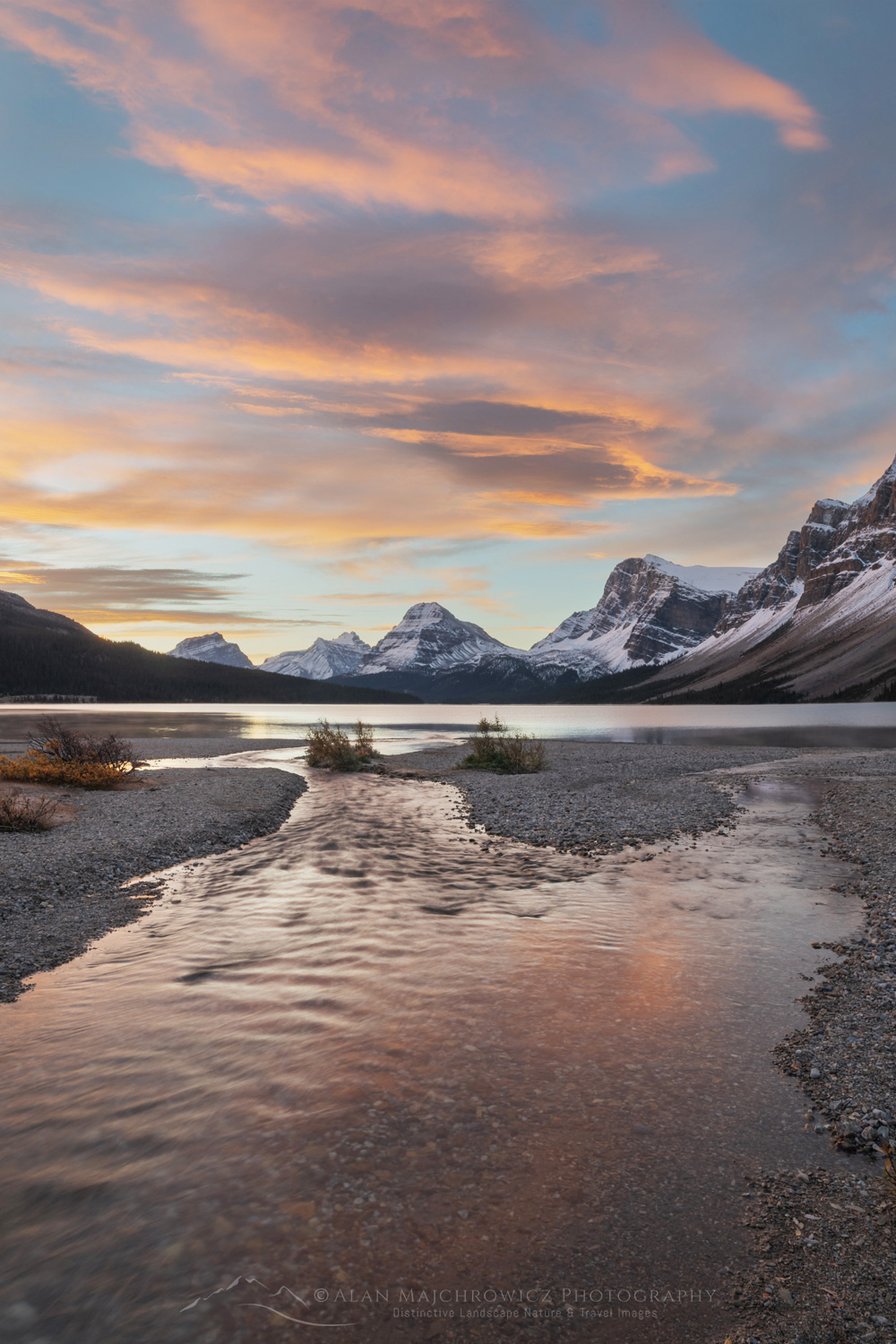 Sunrise over Bow Lake, with Mount Hector (L), Bow Peak (center), and Crowfoot Glacier (R) in the distance. Banff National Park. Alberta, Canada #88698