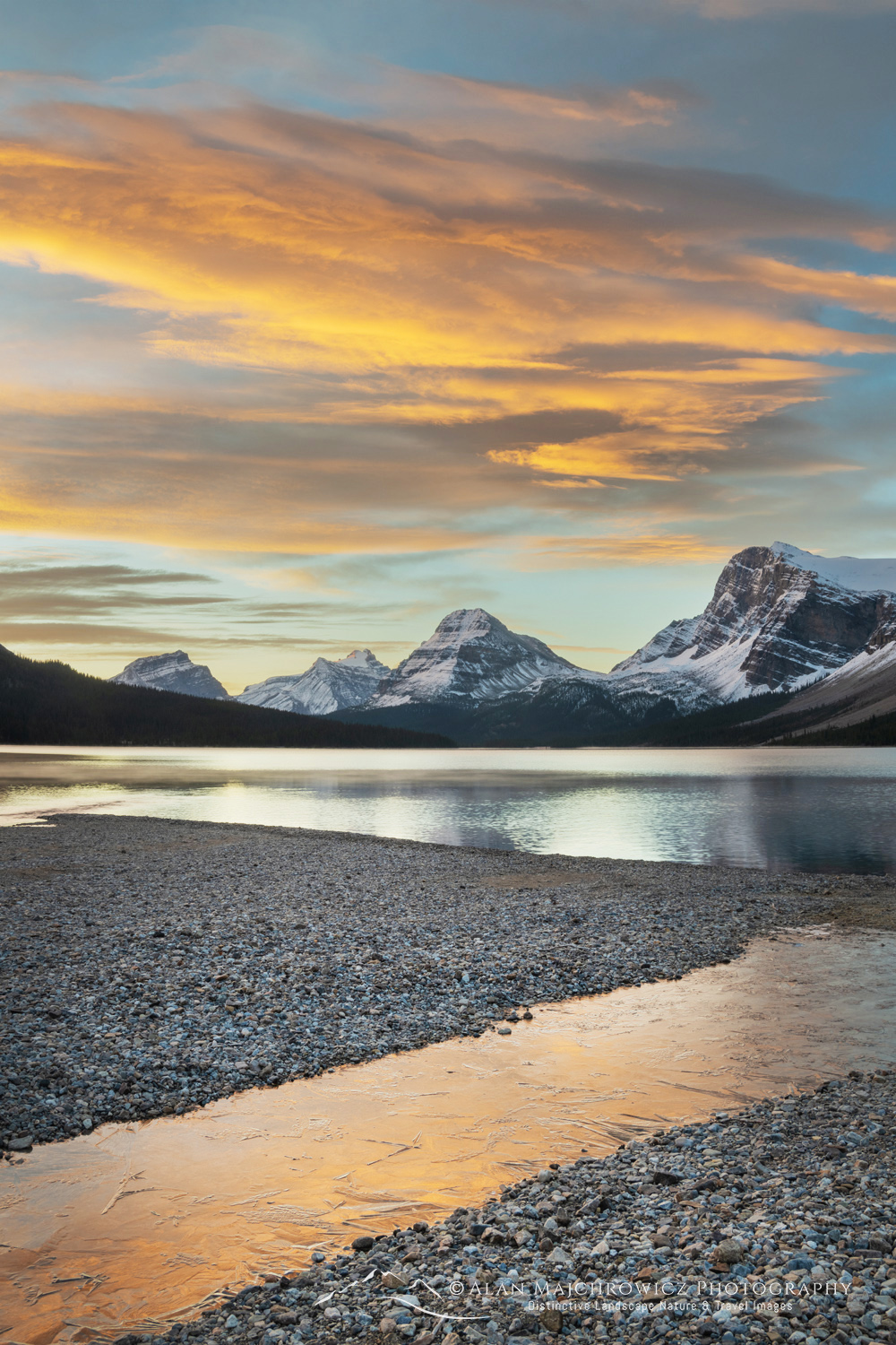 Sunrise over Bow Lake, with Mount Hector (L), Bow Peak (center), and Crowfoot Glacier (R) in the distance. Banff National Park. Alberta, Canada #88709