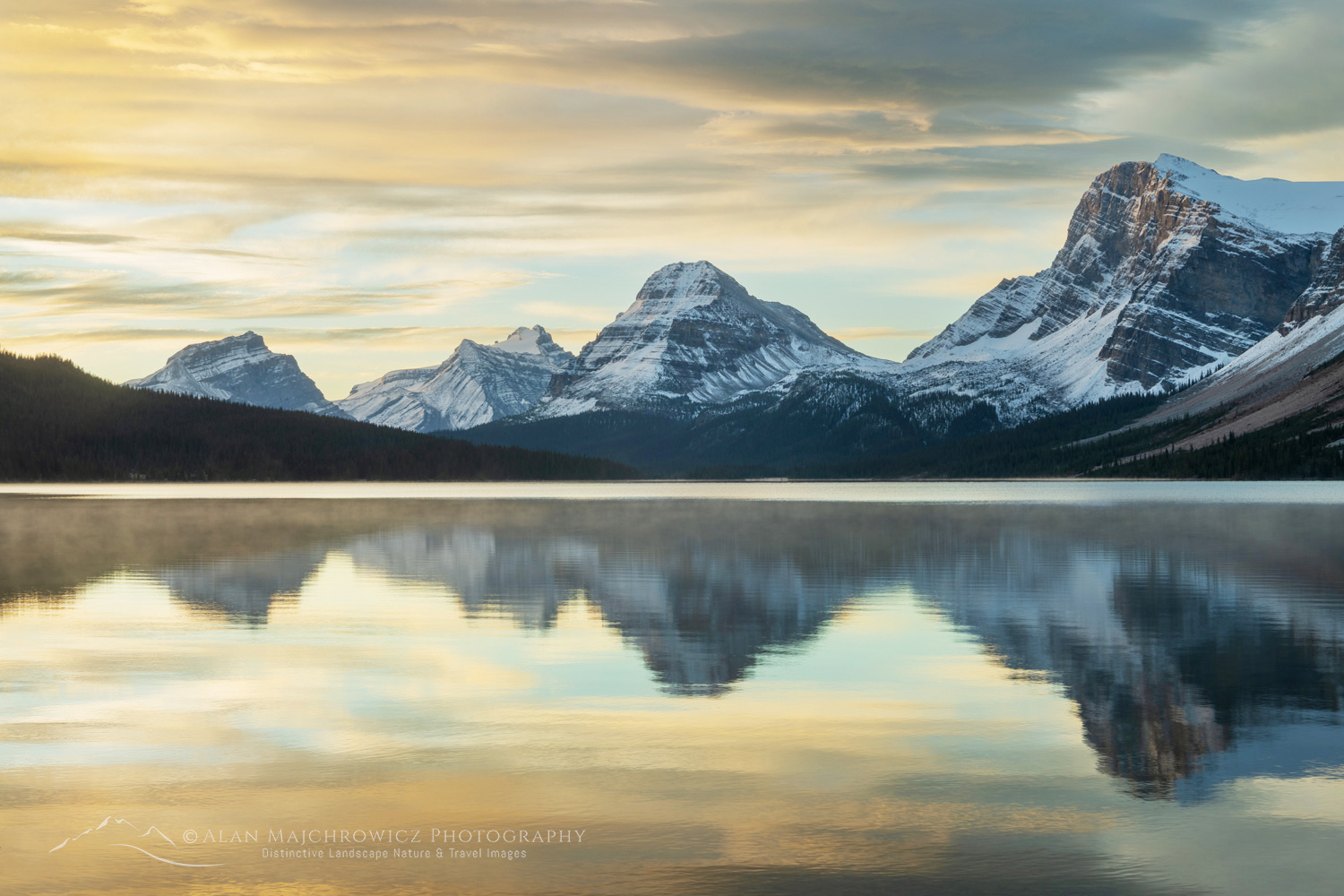 Sunrise over Bow Lake, with Mount Hector (L), Bow Peak (center), and Crowfoot Glacier (R) in the distance. Banff National Park. Alberta, Canada #88729