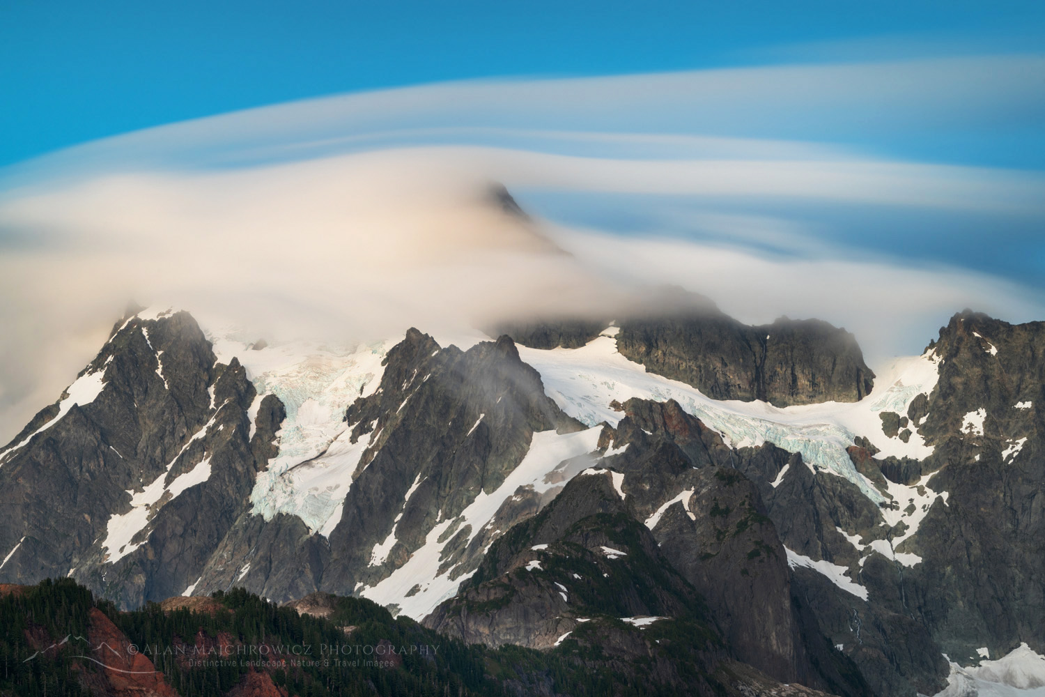 Long exposure of Mount Shuksan shrouded in evening clouds, North Cascades, Washington #88366