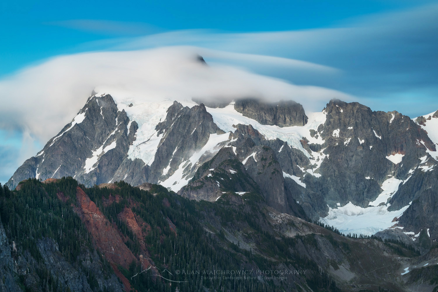 Long exposure of Mount Shuksan shrouded in evening clouds, North Cascades, Washington #88368