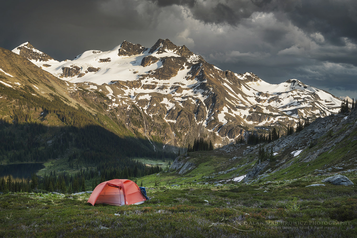 Backcountry camp on Silent Mountain. Twin Towers, Cony Peak, and Spillimacheen Glacier are in the distance. Purcell Mountains, British Columbia #86252b